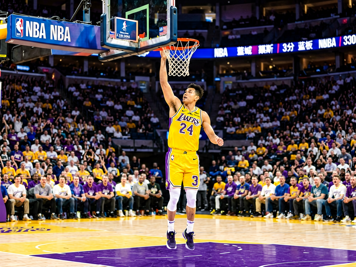 NBA常规赛现场，球员在球场上完成精彩扣篮