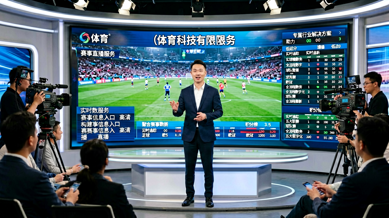 体育直播演播室，主持人正在解说比赛，大屏幕显示实时赛况